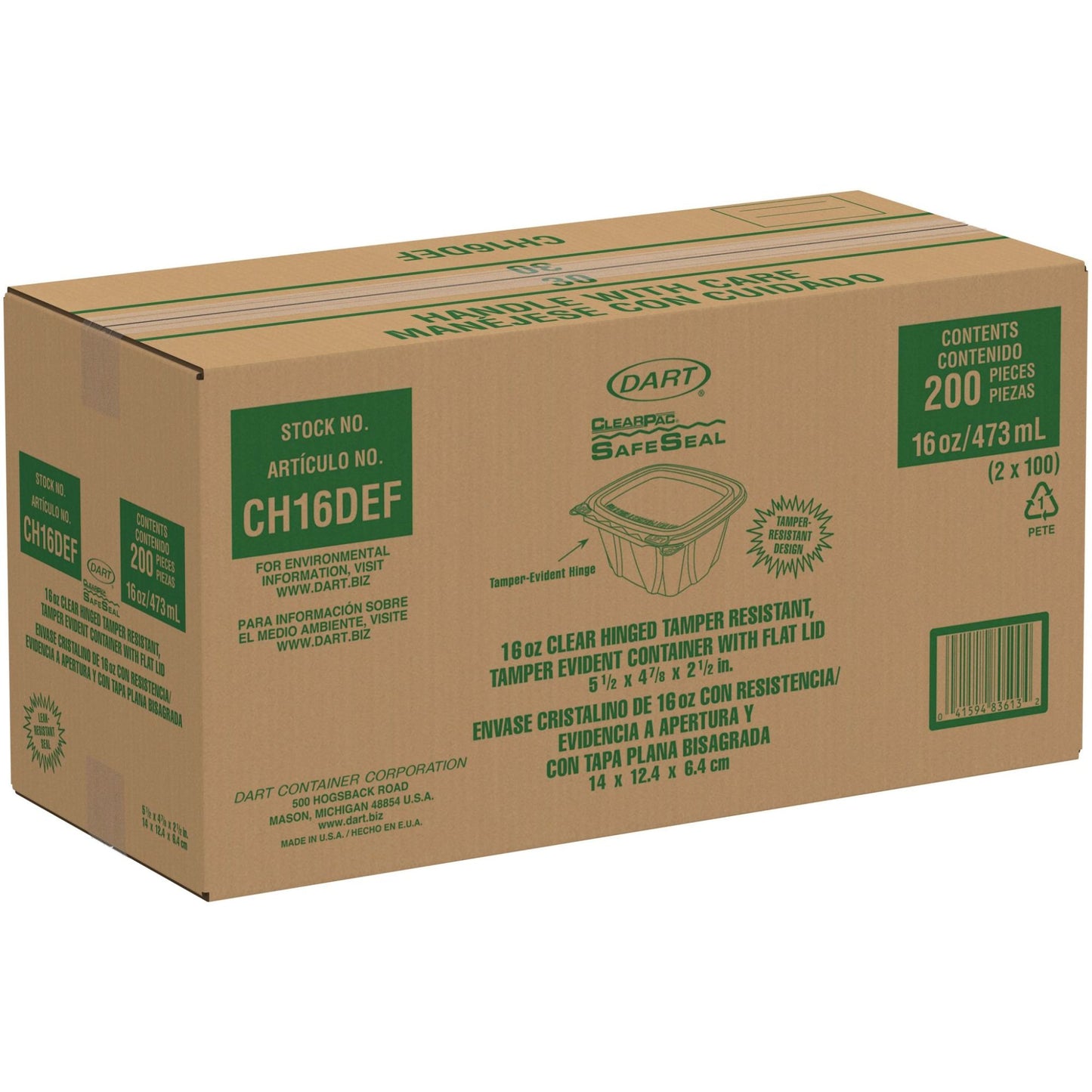 Clear Hinged Container with Flat Lid 16 oz Tamper-Resistant (Case of 200) | Dart CH16DEF