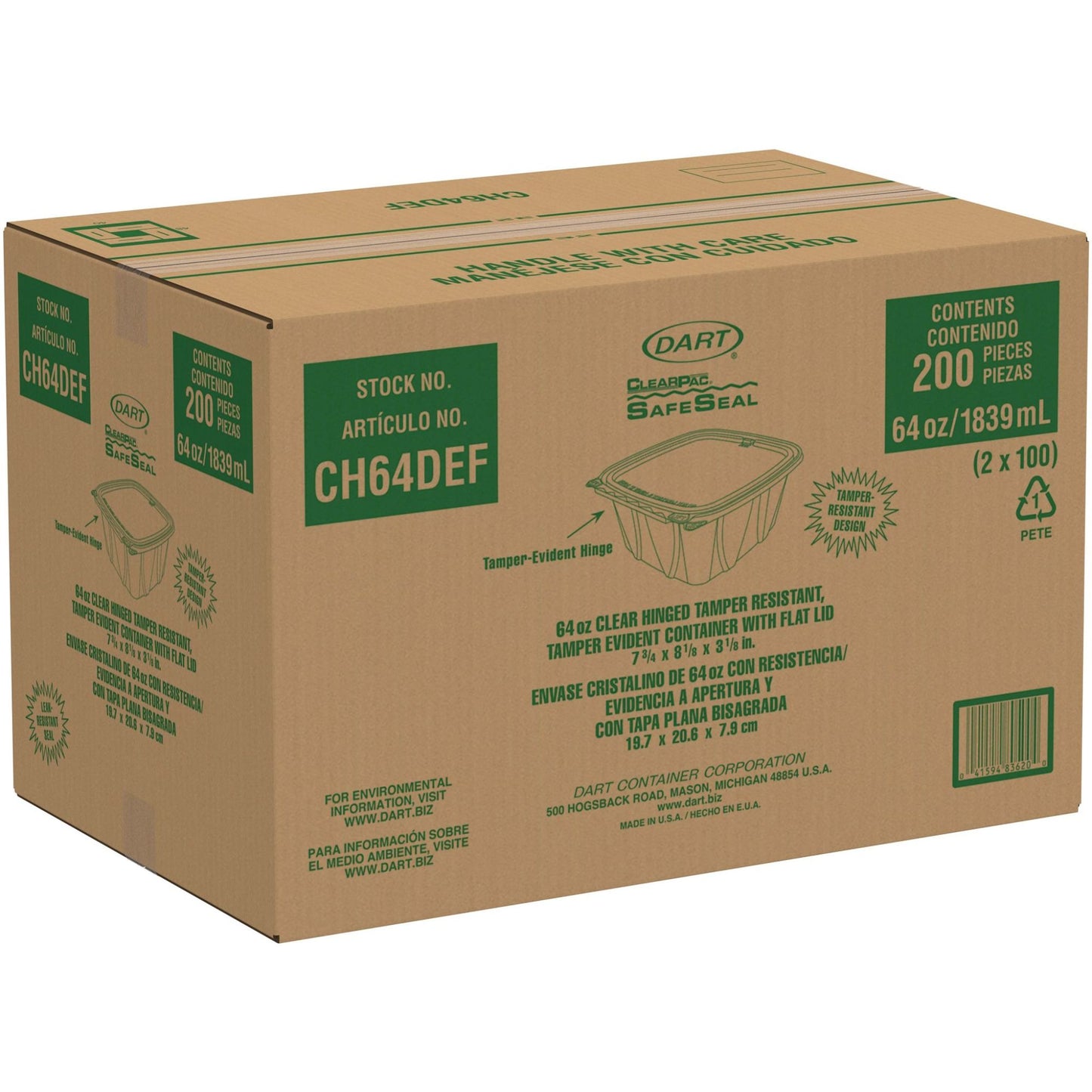 Clear Hinged Container with Flat Lid 64 oz Tamper-Resistant (Case of 200) | Dart CH64DEF