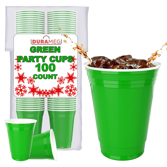 Green Disposable Large Plastic Cups for Party & Fun Pong Games - 16 oz 100 Pack