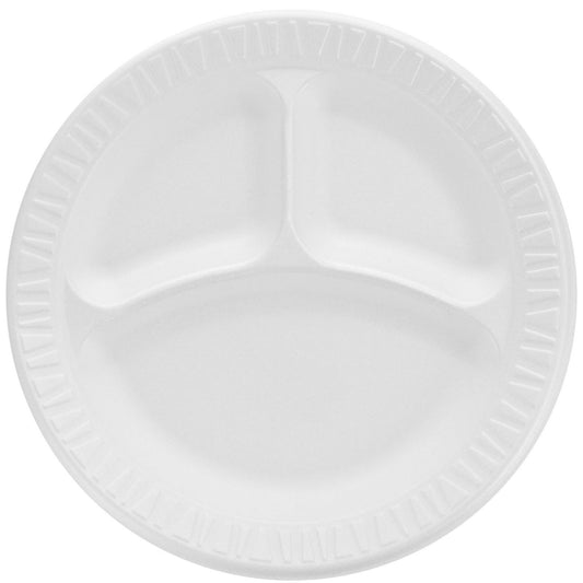 White Non-Laminated 3 Compartment 9" Round Foam Bowl (500) | Dart 9CPWCR