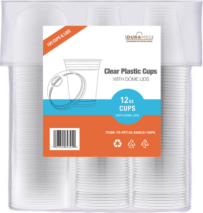 Large Party Plastic Cups with Dome Lids 12 oz 100 Count - Crystal Clear Disposable Cups