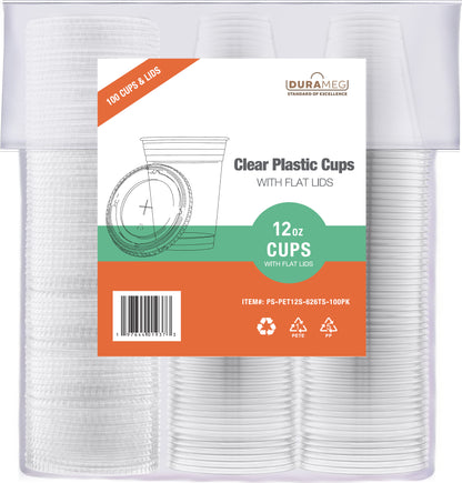 [100 Count 12 oz.] Plastic Cups with [Straw-Slot Flat Lids] - PET Plastic Cups 12 oz - 12oz Plastic Cups - Crystal Clear Cups Disposable Party Cups - Disposable Cups for Water, Beer, Booze, Smoothie - Large Cold Drink Clear Cups