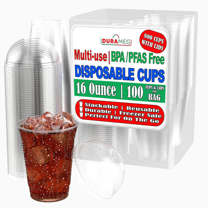 Large Party Plastic Cups [800 Count - 16 oz.] Crystal Clear PET Plastic Disposable Cups with [Dome Lids]