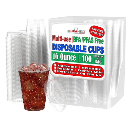 Large Party Plastic Cups [800 Count - 16 oz.] Crystal Clear PET Plastic Disposable Cups with [Sip-Thru Lids]