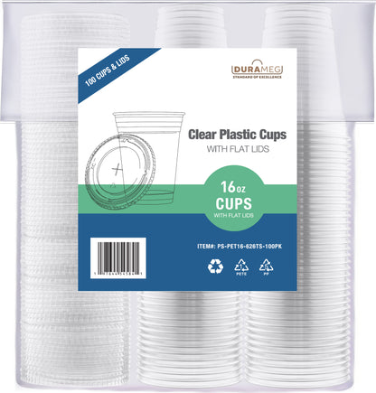 [100 Count 16 oz.] Plastic Cups with [Straw-Slot Flat Lids] - PET Plastic Cups 16 oz - 16oz Plastic Cups - Crystal Clear Cups Disposable Party Cups - Disposable Cups for Water, Beer, Booze, Smoothie - Large Cold Drink Clear Cups