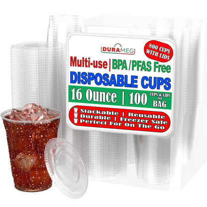 Large Party Plastic Cups [800 Count - 16 oz.] Crystal Clear PET Plastic Disposable Cups with [Straw-Slot Flat Lids]