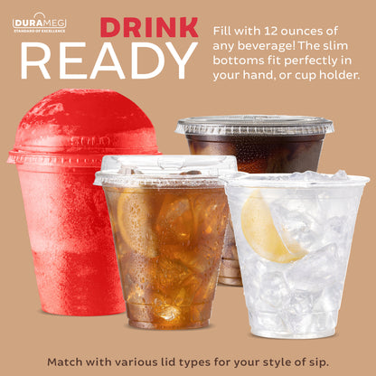 [100 Count 12 oz.] Plastic Cups with [Dome Lids] - PET Plastic Cups 12 oz - 12oz Plastic Cups - Crystal Clear Cups Disposable Party Cups - Disposable Cups for Water, Beer, Booze, Smoothie - Large Cold Drink Clear Cups