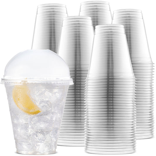 [100 Count 12 oz.] Plastic Cups with [Dome Lids] - PET Plastic Cups 12 oz - 12oz Plastic Cups - Crystal Clear Cups Disposable Party Cups - Disposable Cups for Water, Beer, Booze, Smoothie - Large Cold Drink Clear Cups