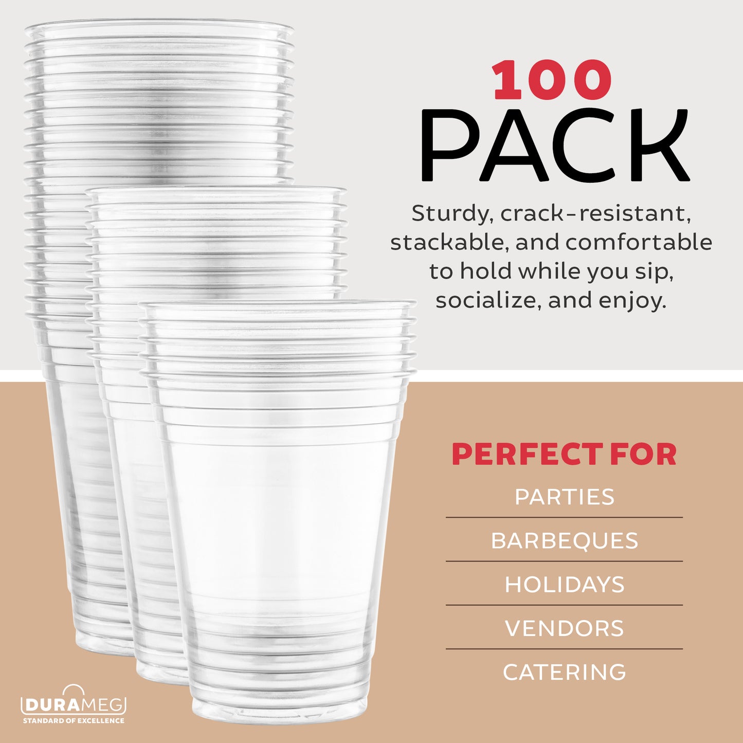 [100 Count 16 oz.] Plastic Cups - PET Plastic Cups 16 oz - 16oz Plastic Cups - Crystal Clear Cups Disposable Party Cups - Disposable Cups for Water, Beer, Booze, Smoothie - Large Cold Drink Clear Cups