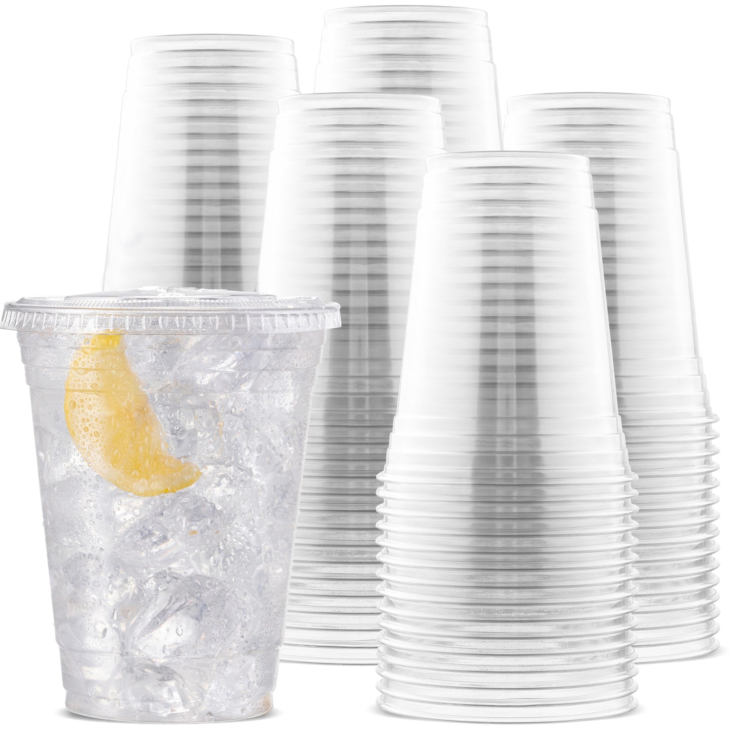 [100 Count 16 oz.] Plastic Cups with [Straw-Slot Flat Lids] - PET Plastic Cups 16 oz - 16oz Plastic Cups - Crystal Clear Cups Disposable Party Cups - Disposable Cups for Water, Beer, Booze, Smoothie - Large Cold Drink Clear Cups