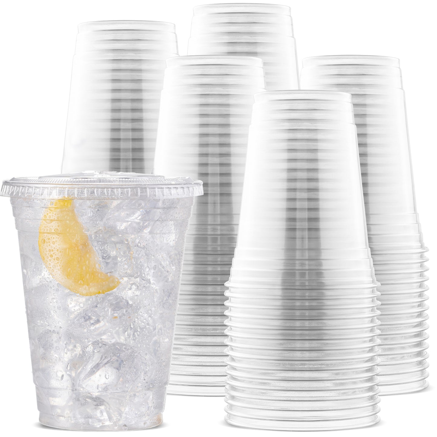 Large Party Plastic Cups [800 Count - 16 oz.] Crystal Clear PET Plastic Disposable Cups with [Straw-Slot Flat Lids]