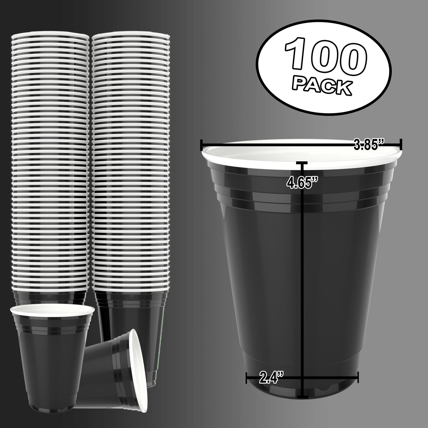 Black Disposable Large Plastic Cups for Party & Fun Pong Games - 16 oz 100 Pack