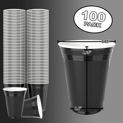Black Disposable Plastic Cups [100 Pack 16 oz.] Party & Fun Pong Cups - Durable Cups for Water, Beer, Booze, Smoothie, Games - Large Cold Drink Cups