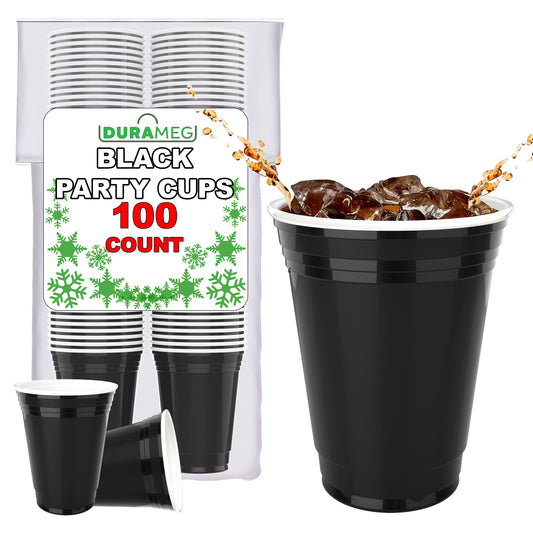 Black Disposable Plastic Cups [100 Pack 16 oz.] Party & Fun Pong Cups - Durable Cups for Water, Beer, Booze, Smoothie, Games - Large Cold Drink Cups