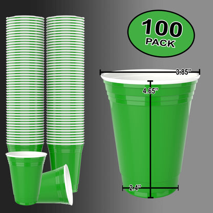 Green Disposable Large Plastic Cups for Party & Fun Pong Games - 16 oz 100 Pack