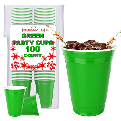 Green Disposable Plastic Cups [100 Pack 16 oz.] Party & Fun Pong Cups - Durable Cups for Water, Beer, Booze, Smoothie, Games - Large Cold Drink Cups