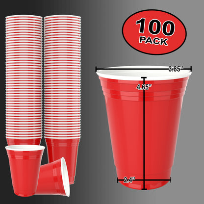 Red Disposable Plastic Cups [100 Pack 16 oz.] Party & Fun Pong Cups - Durable Cups for Water, Beer, Booze, Smoothie, Games - Large Cold Drink Cups