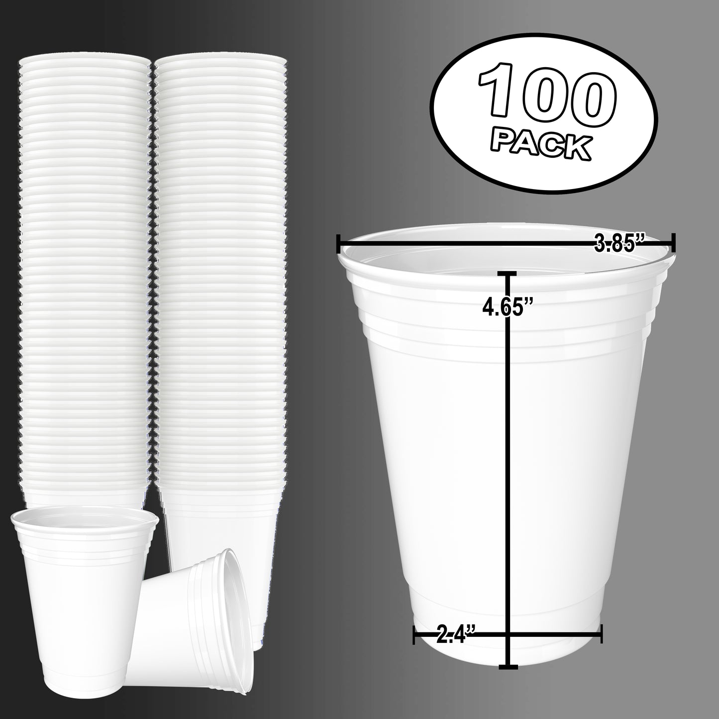 White Disposable Plastic Cups [100 Pack 16 oz.] Party & Fun Pong Cups - Durable Cups for Water, Beer, Booze, Smoothie, Games - Large Cold Drink Cups