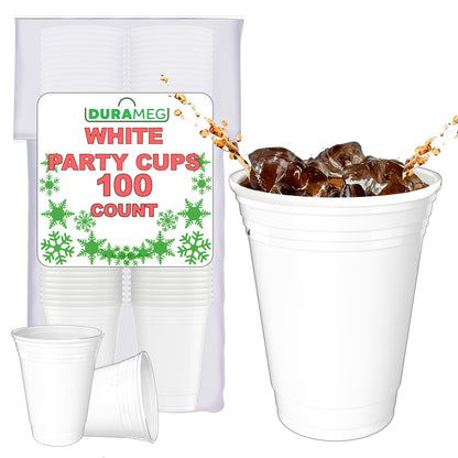 White Disposable Plastic Cups [100 Pack 16 oz.] Party & Fun Pong Cups - Durable Cups for Water, Beer, Booze, Smoothie, Games - Large Cold Drink Cups