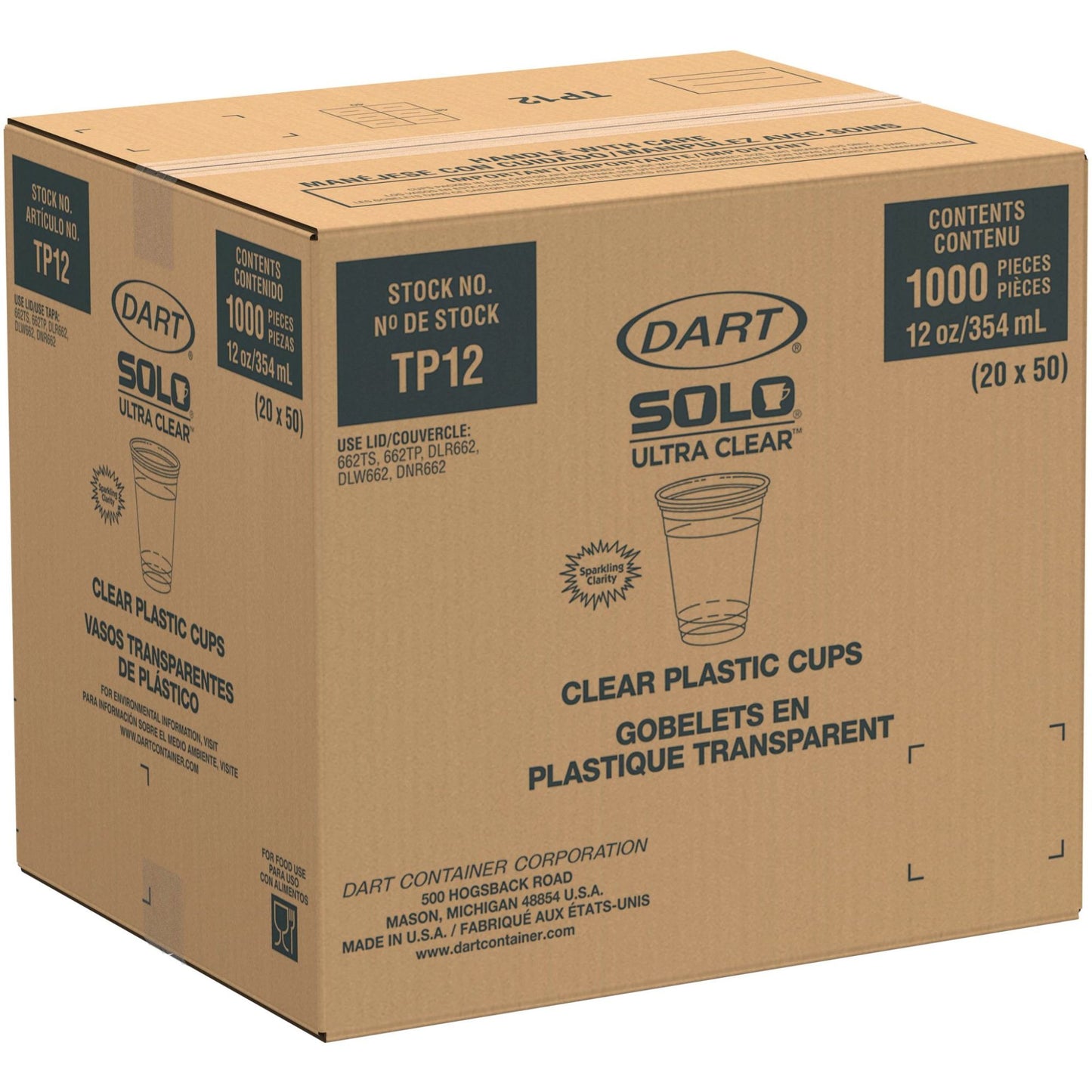 Clear PET Plastic Cold Cup 12 oz 1000 Count - Disposable | Solo Ultra Clear TP12