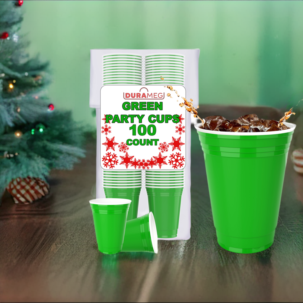 Green Disposable Large Plastic Cups for Party & Fun Pong Games - 16 oz 100 Pack